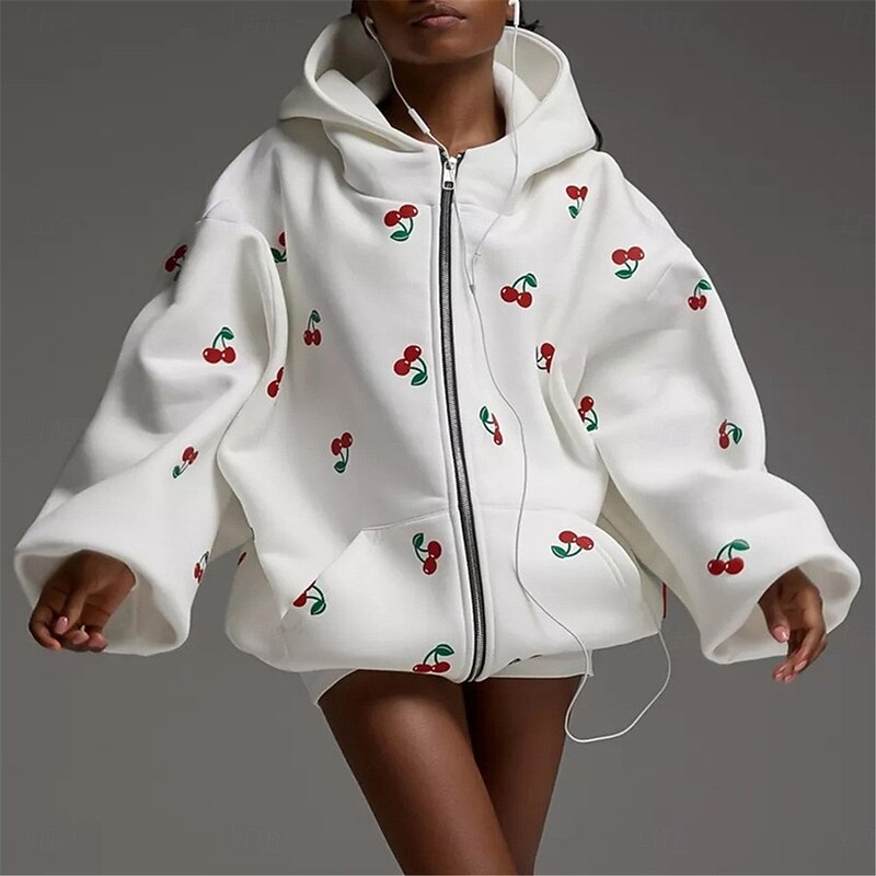 Women's Hoodie Jacket Outdoor Street Daily Wear Fall Winter Regular Coat Regular Fit Thermal Warm Breathable Stylish Casual Jacket Long Sleeve Print with Pockets Print White Pink