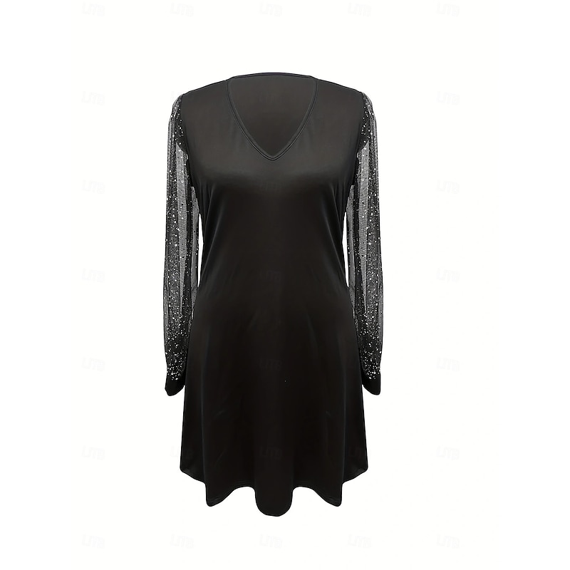 Women's Mini Dress Black Dress Cocktail Dress Formal Dress Elegant Formal Bishop Sleeve Formal Christmas Party Regular Fit Solid Color Long Sleeve V Neck Black Spring Fall2