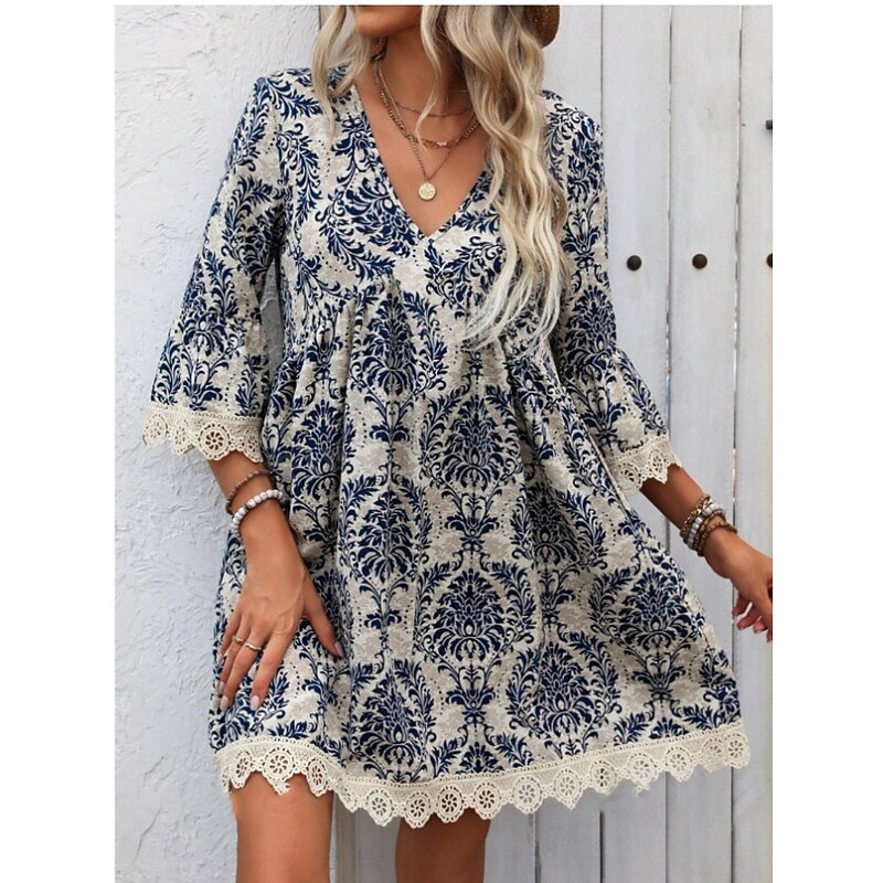 Women's Mini Dress Petite Dress Casual Dress Boho Dress Casual Daily Regular Fit Floral 3/4 Length Sleeve V Neck Wine Blue Green Summer Spring Fall