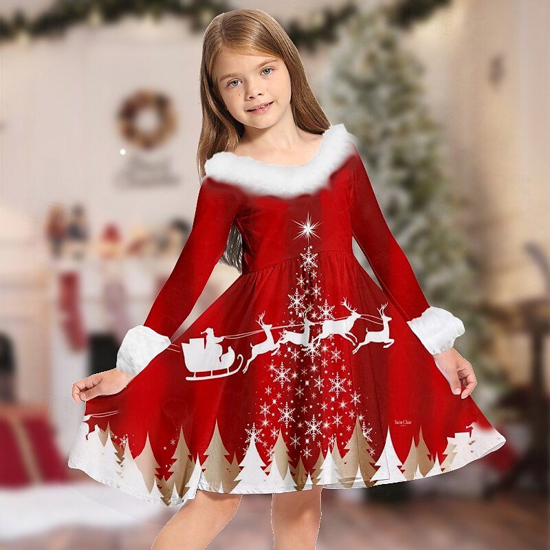 Kids Girls' Christmas Dress Dress Snowflake Dress Santa Claus Elk Snowman Long Sleeve Casual Fur Trim Crewneck Elegant Adorable Polyester Above Knee Casual Dress Swing Dress A Line Dress Fall Winter3