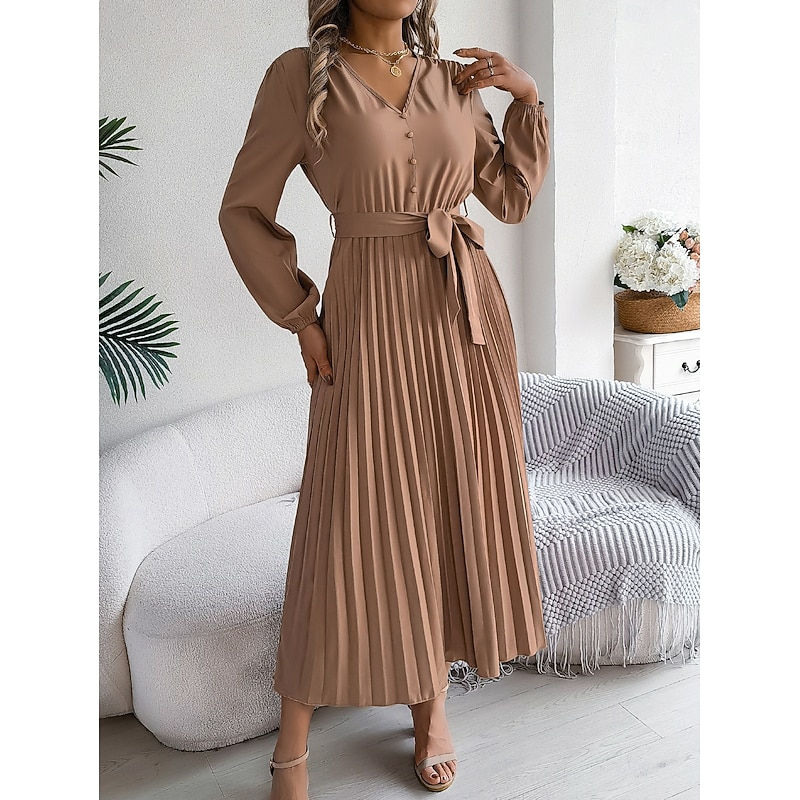 Women's Vintage Dress Mini Dress Pleated High Waist Elegant Formal V Neck Long Sleeve Blue Green Khaki Color3