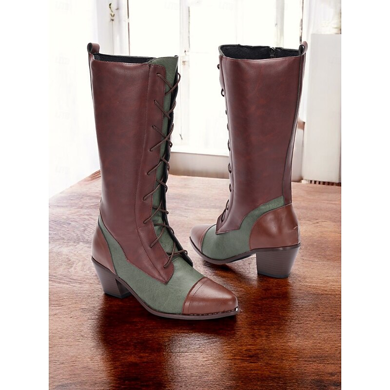 Women's Vintage Victorian Lace-Up Boots – Two-Tone Mid-Calf Faux Leather Boots with Chunky Heel, Perfect for Cosplay, Festivals, and Renaissance Fairs2