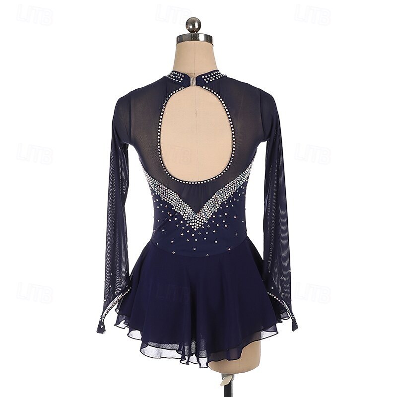 Figure Skating Dress Long-Sleeved Ice Skating Skirt leotards Spandex Women's girl's AB rhinestones2