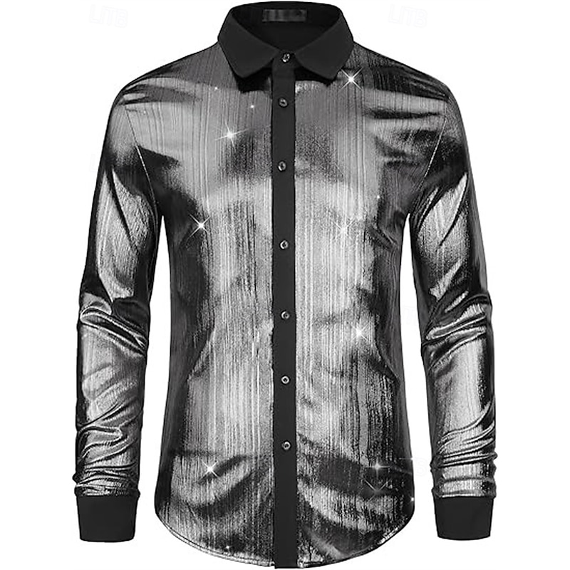 Retro Vintage 1970s 1980s Shirt Disco Shiny Metallic Fancy Dress Men's Carnival Costume Halloween Carnival Performance Party Club Adults' Shirt4