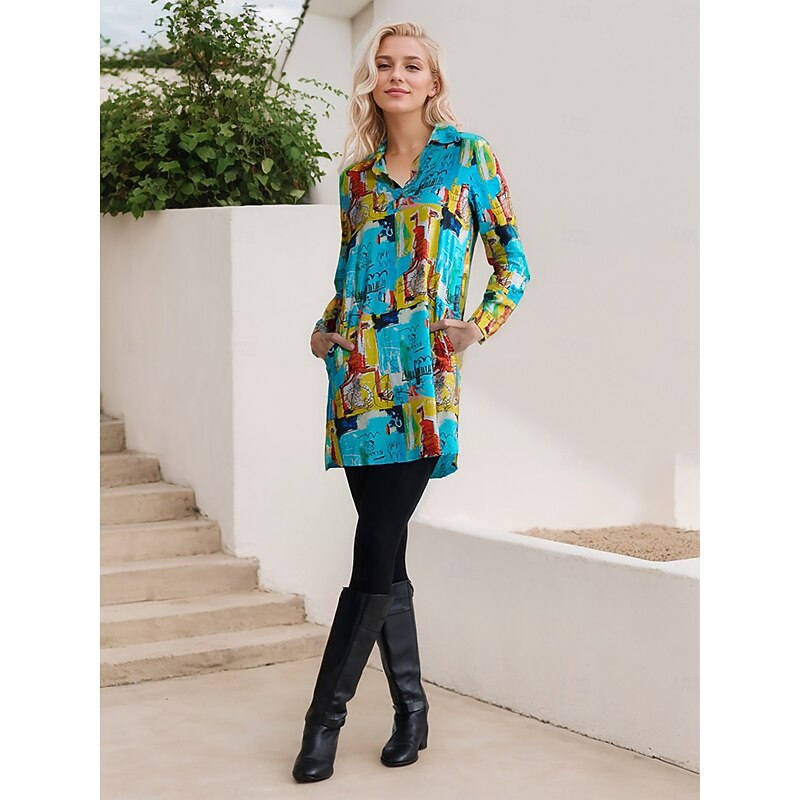 Rayon Graffiti Cuff Lapel Mini Shirt Dress4