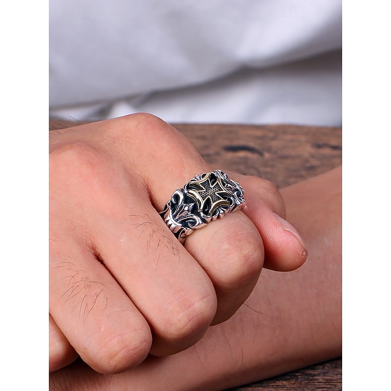 Men's Gothic Silver Ring with Cross Detail – Vintage Style Adjustable Band, Intricate Skull and Cross Design for Punk Rock Fashion4