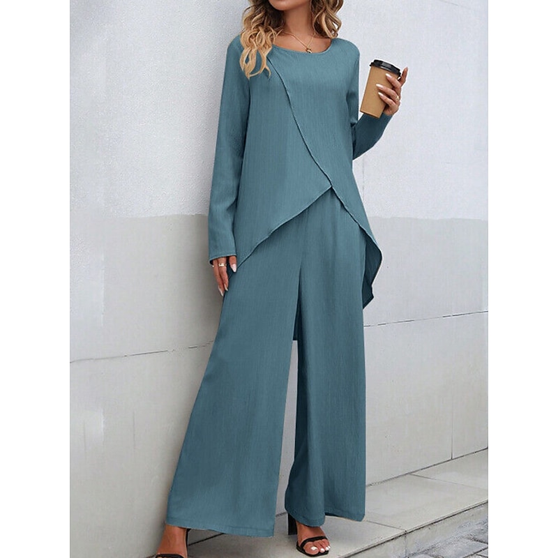 Women's Linen-Inspired Sets Two Piece Sets T Shirt Wide Leg Pants Long Sleeve Solid Color Black Blue Khaki Spring Regular Fit