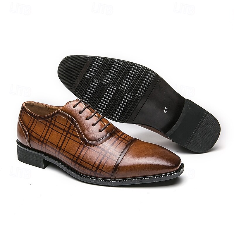 Men's Brown Plaid Pattern Oxford Dress Shoes – Faux Leather Lace-Up Formal Shoes for Office and Business Wear4
