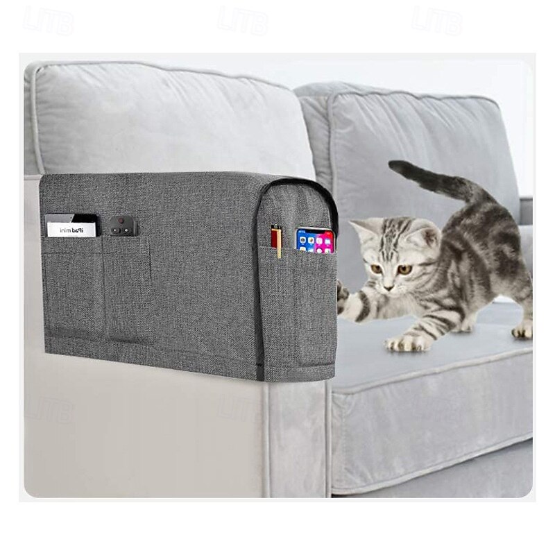 Recliner Narrow Linen Armrest Covers for Living Room Anti-Slip Sofa Arm Protector for Dogs, Cats, Pets Armchair Slipcover for Couch with 4 Pockets for TV Remote Control, Phone, Set of 24