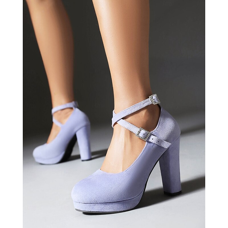 Women's Platform Faux Suede Mary Jane Pumps - Chunky High Heel Shoes with Rhinestone Buckle for Formal Events