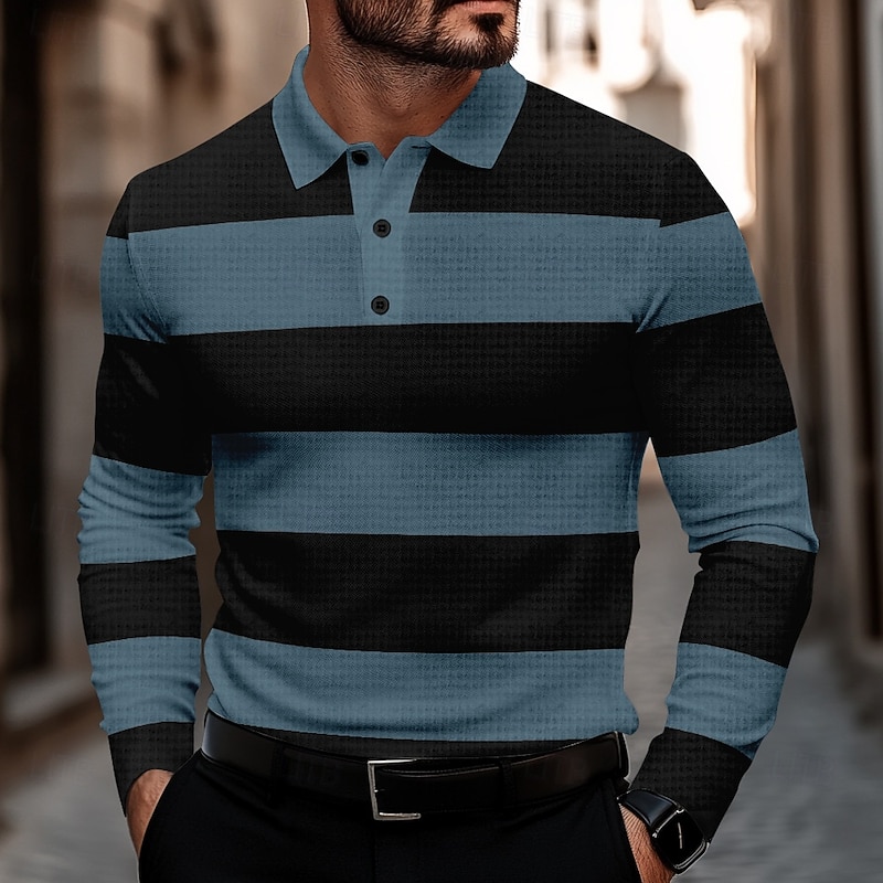 Men's Striped Waffle Polo Shirts Golf Shirt Long Sleeve Polo Shirts Collared Shirts Casual Business Casual Home Office Dailywear Buttons 3D Print Spring Fall Winter Black And White Blue Gray2