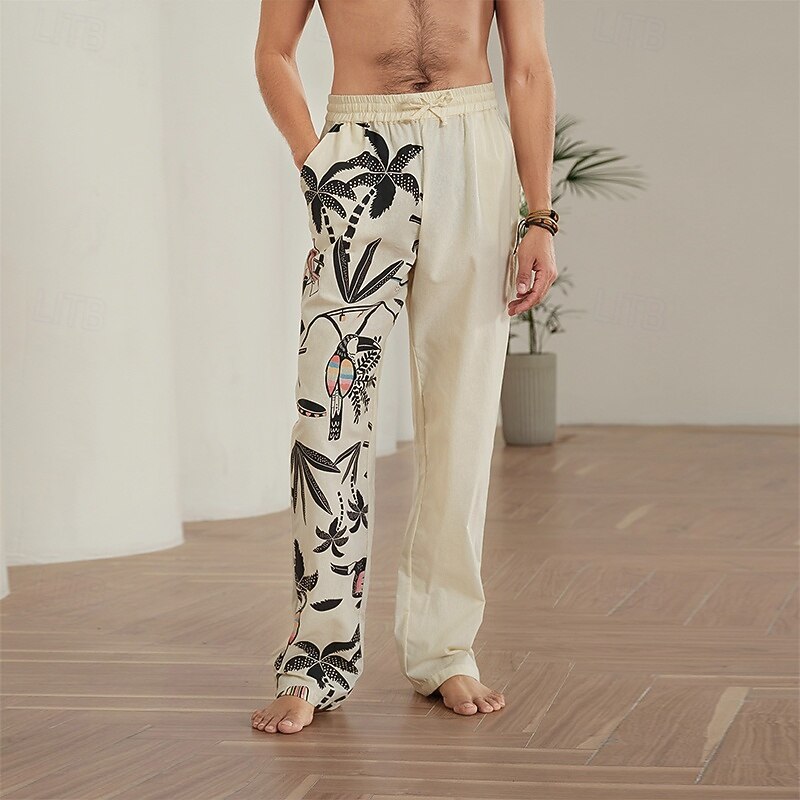 Men's Coconut Tree Graphic Prints Linen Pants Trousers Summer Pants Mid Waist Streetwear Hawaiian Designer Casual Daily Holiday Drawstring Elastic Waist 3D Print Spring & Summer 3D Print Blue Khaki