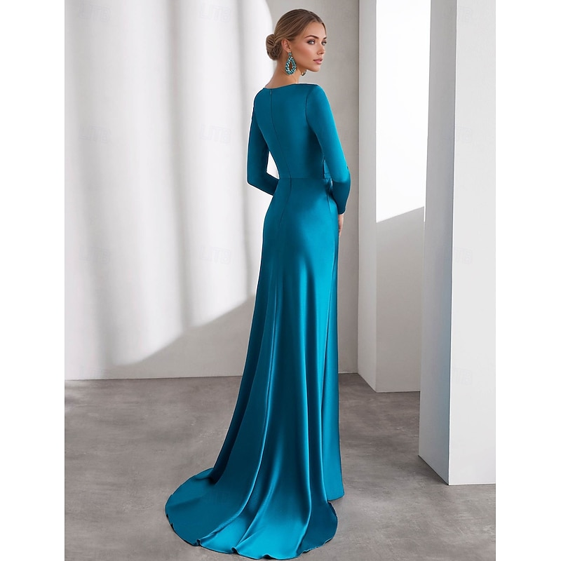 A-Line Evening Gown Elegant Dress Formal Floor Length Long Sleeve Shirt Collar Pocket Stretch Satin with Shouder Flower3