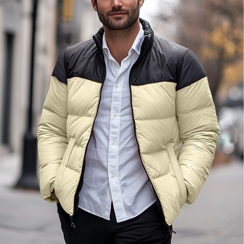 Men's Puffer Jacket Padded Pocket Color Block Party Christmas Outdoor Regular Neutral Fashion Daily Winter Solid Color Black White Purple Green Puffer Jacket