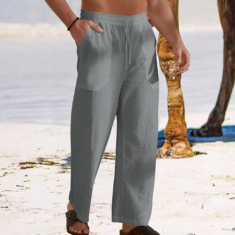 Men's Linen Pants Trousers Summer Pants Baggy Pants Beach Pants Drawstring Elastic Waist Straight Leg Plain Comfort Breathable Full Length Outdoor Daily Holiday Vacation Fashion Black White3