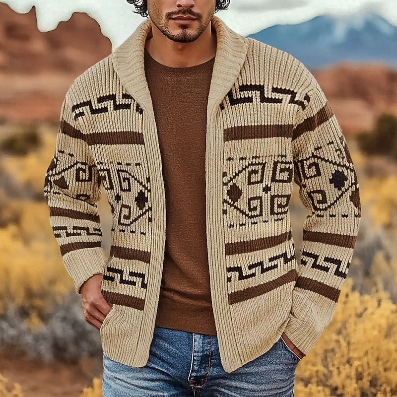 Men's Jacquard Sweater Cardigan Sweater Fair Isle Sweater Zip Sweater Knitted Cardigan Knit Zipper Tribal Rolled collar Fashion Classic Outdoor Vacation Clothing Apparel Drop Shoulder Fall & Winter4