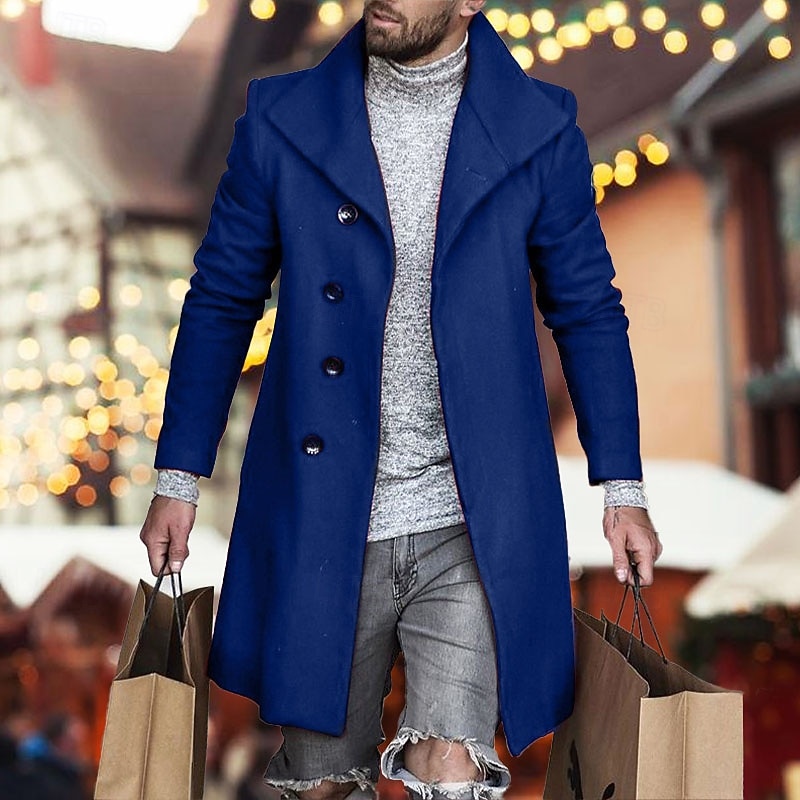 Men's Overcoat Trench Coat Long Trench Coat Daily Vacation Fall & Winter Polyester Windproof Soft Outerwear Clothing Apparel Fashion Classic Plain Pocket Lapel Single Breasted3