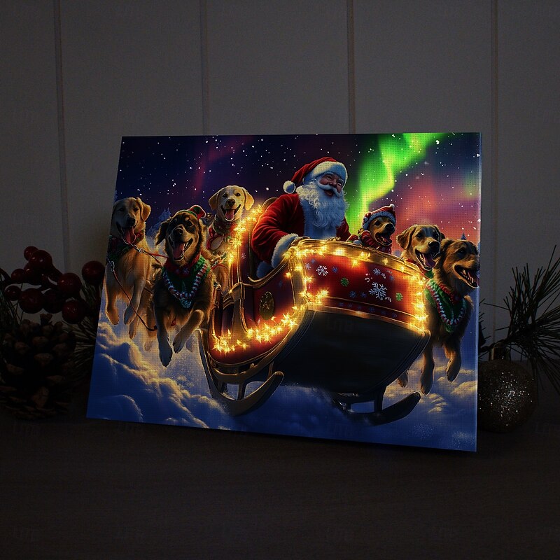 Christmas Santa Claus LED Canvas Wall Art LED Lighted Up Wall Decor 2AA Battery Operated Lighted Canvas Print LED Light Kitchen Bedroom or Home Decor2