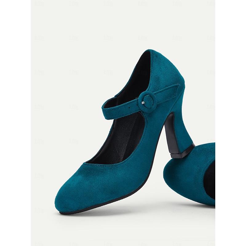 Women's Teal Suede Mary Jane Heels with Buckle Strap – Retro High Heel Pumps for Parties and Formal Events2