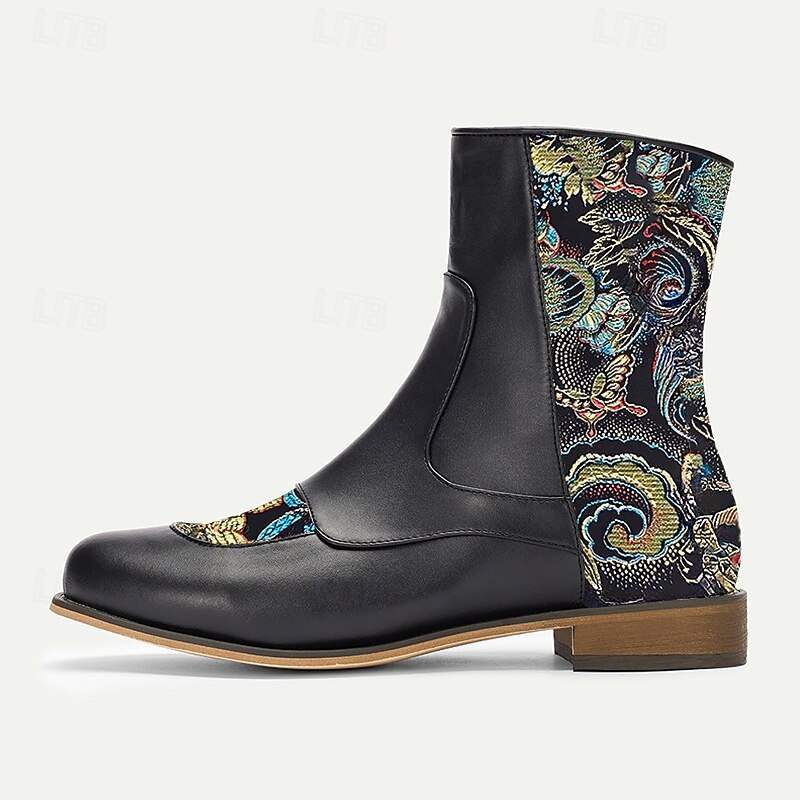 Men's Vintage Elegance Black Embroidered Jacquard Fabric and Faux Leather Ankle Boots for Formal and Casual Wear4