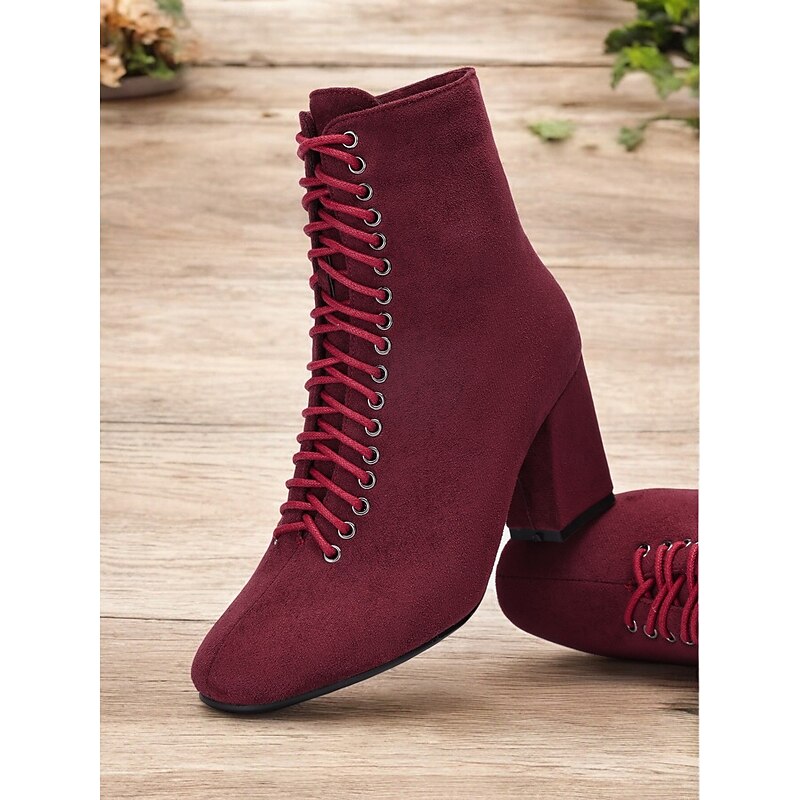 Women's Burgundy Lace-Up Ankle Boots with Block Heels – Chic and Versatile Footwear for Fall Outfits and Casual Wear3