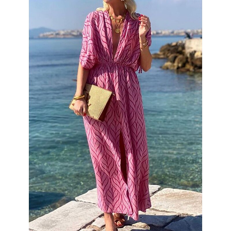 Women's Geometric V Neck Maxi Dress Half Sleeve Summer Spring