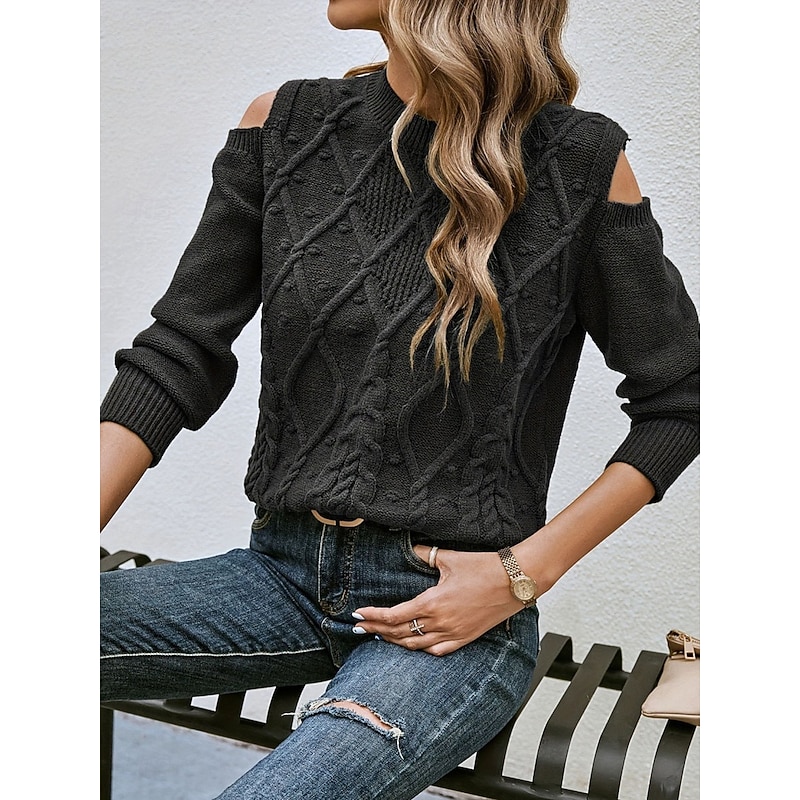 Women's Sweater Casual Soft Pure Color Cable Crew Neck Knitted Cold Shoulder Long Sleeve Regular Tops Knit Outdoor Daily Weekend Black Fall Winter