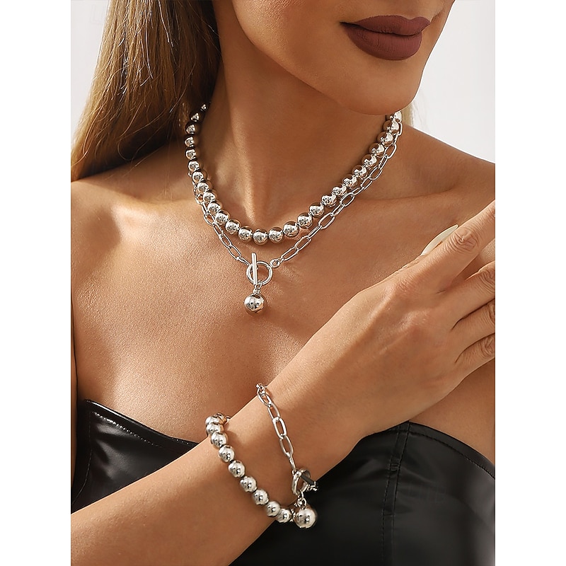 Stylish Silver Ball Bead Necklace and Bracelet – Chunky Layered Chain Design with Toggle Clasp for Modern Chic Look