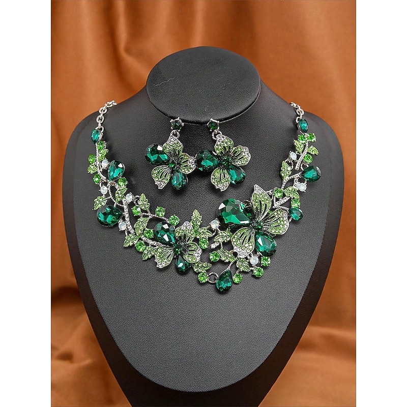 Women's Elegant Green Butterfly Jewelry Set – Sparkling Crystal Necklace and Earring Set with Floral Design for Special Occasions