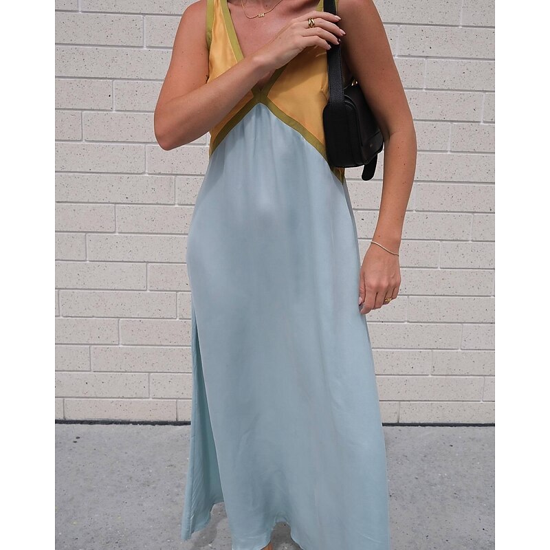 Women's Casual Dress Satin Dress Color Block Backless V Neck Midi Dress Stylish Casual Party Date Summer Spring3