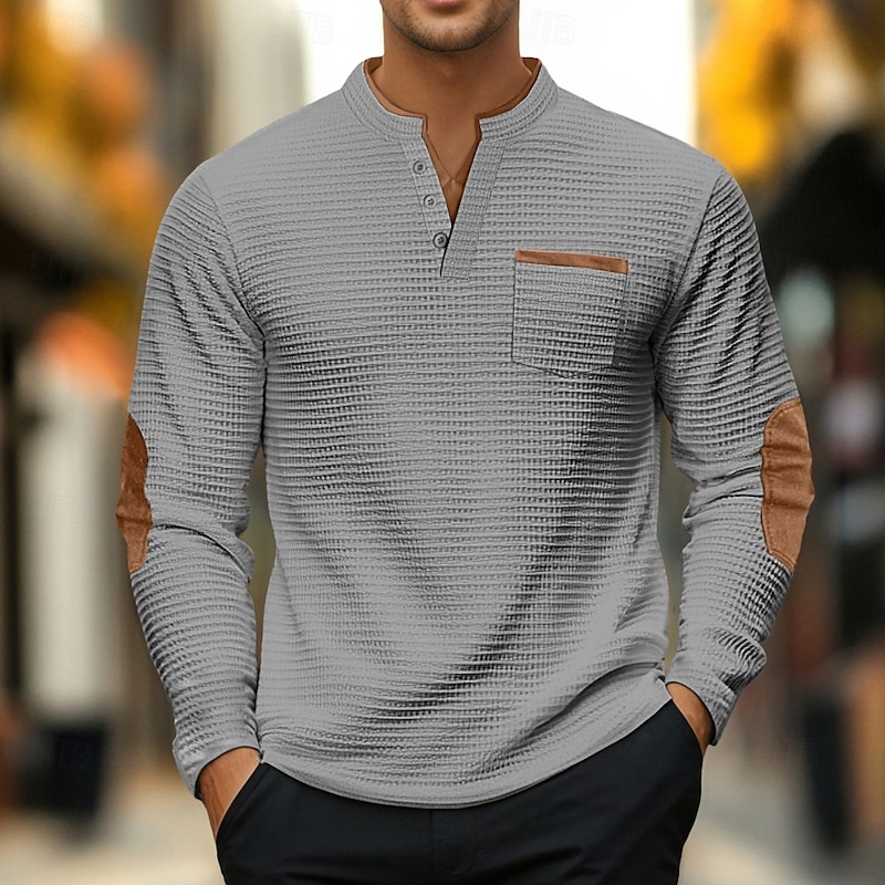 Men's Waffle Tee Polo Shirts Long Sleeve V Neck Spring &  Fall Solid Color Fashion Basic Fake two piece Street Casual Sports Black Gray Navy Blue Top Tee for Men