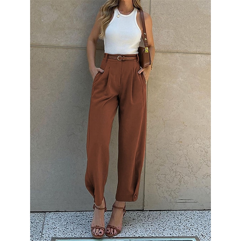 Women's Chinos Fashion Streetwear Work Full Length High Waist Plain Pocket Comfy Soft Comfortable Micro-elastic Outdoor Street Black Coffee Spring &  Fall Regular Fit