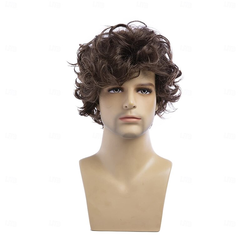 Mens Curly Wig Brown Layered Short Wig Synthetic Halloween Cospaly Hair Wig2