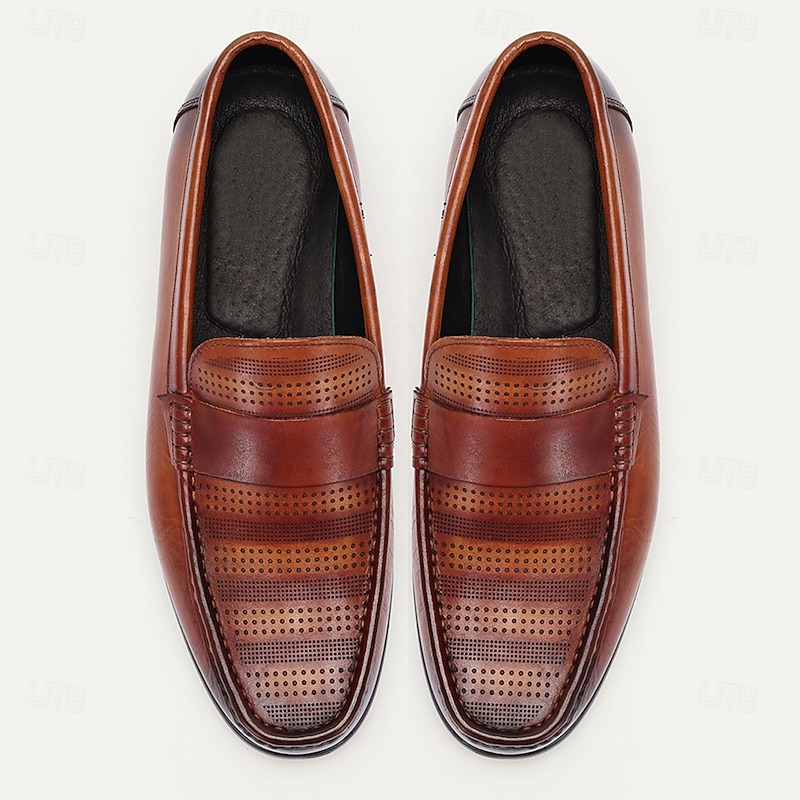 Men's Premium Cowhide Leather Loafers – Perforated Design Slip-On Dress Shoes for Business and Formal Occasions4