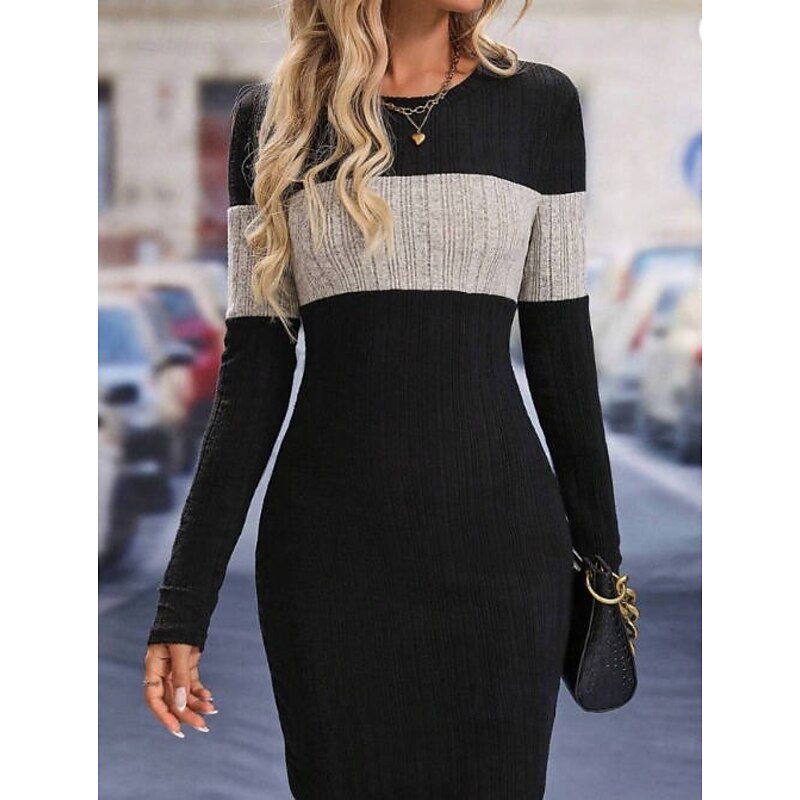 Women's Knit Dress Mini Dress Patchwork Ribbed Casual Formal Crew Neck Long Sleeve Black Color4