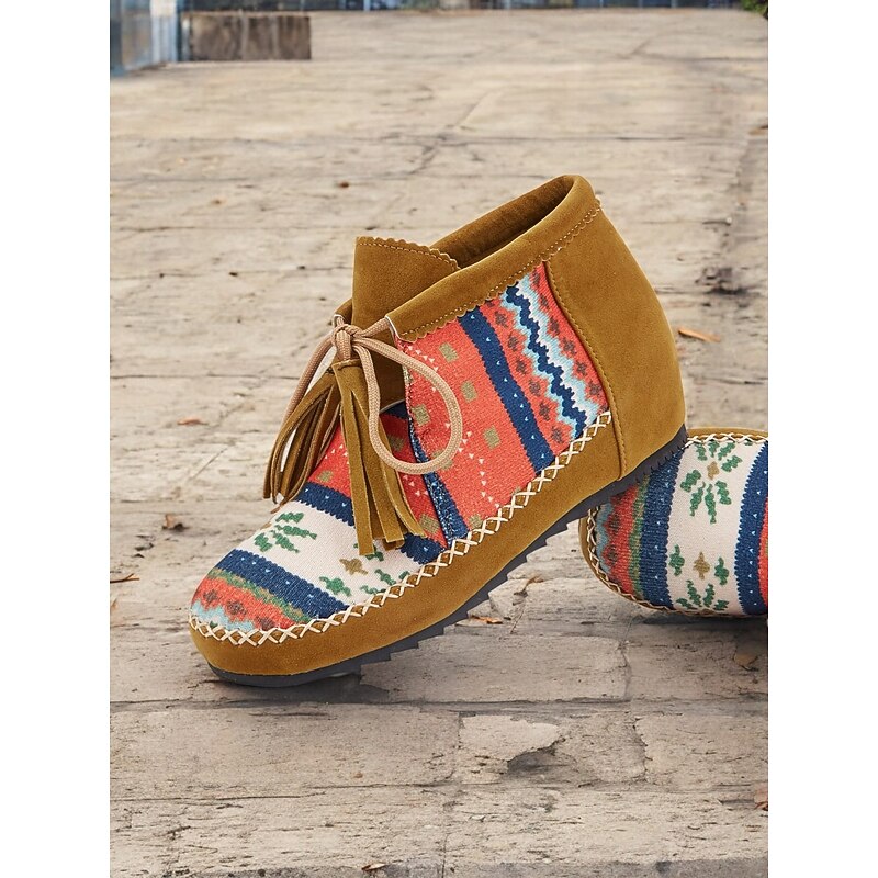 Women's Boho Ankle Boots with Ethnic Print Panels, Tassel Lace-Up Design, and Comfortable Low Sole – Perfect for Casual and Festival Wear2
