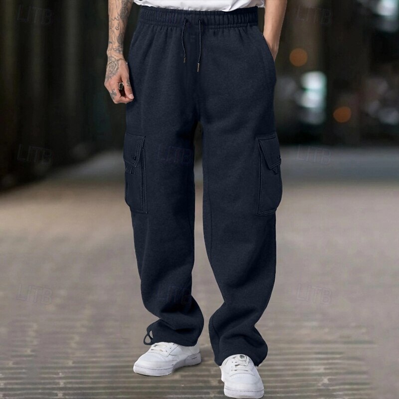 Men's Fleece Pants Sweatpants Joggers Trousers Cargo Sweatpants Drawstring Elastic Waist Multi Pocket Plain Comfort Warm Full Length Outdoor Casual Daily Sports Fashion Black White3
