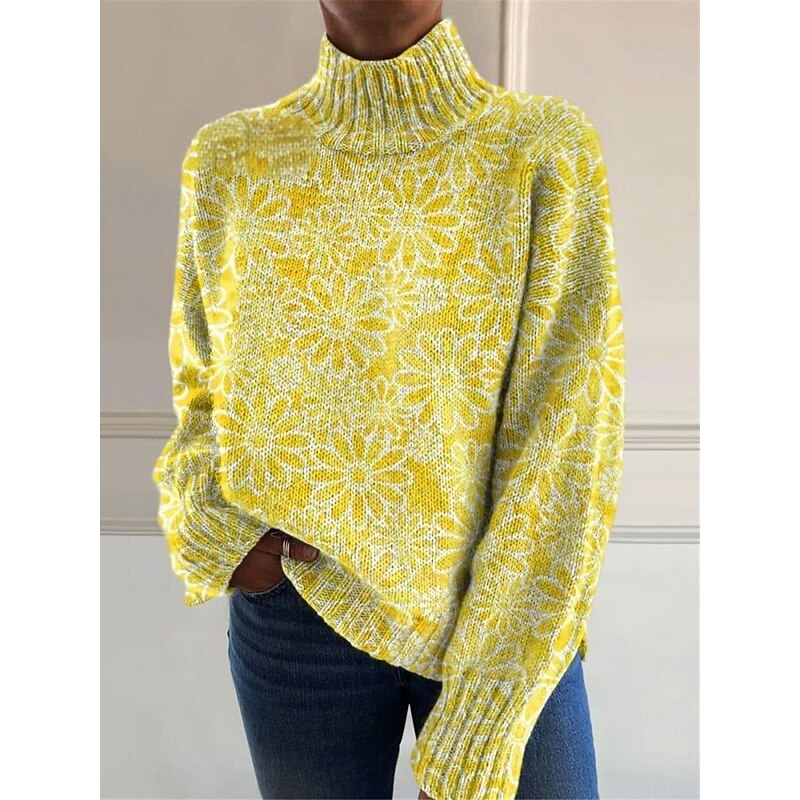 Women's Sweater Casual Soft Floral Ribbed Turtleneck Knitted Long Sleeve Regular Tops Knit Outdoor Daily Weekend Yellow Blue Fall Winter2