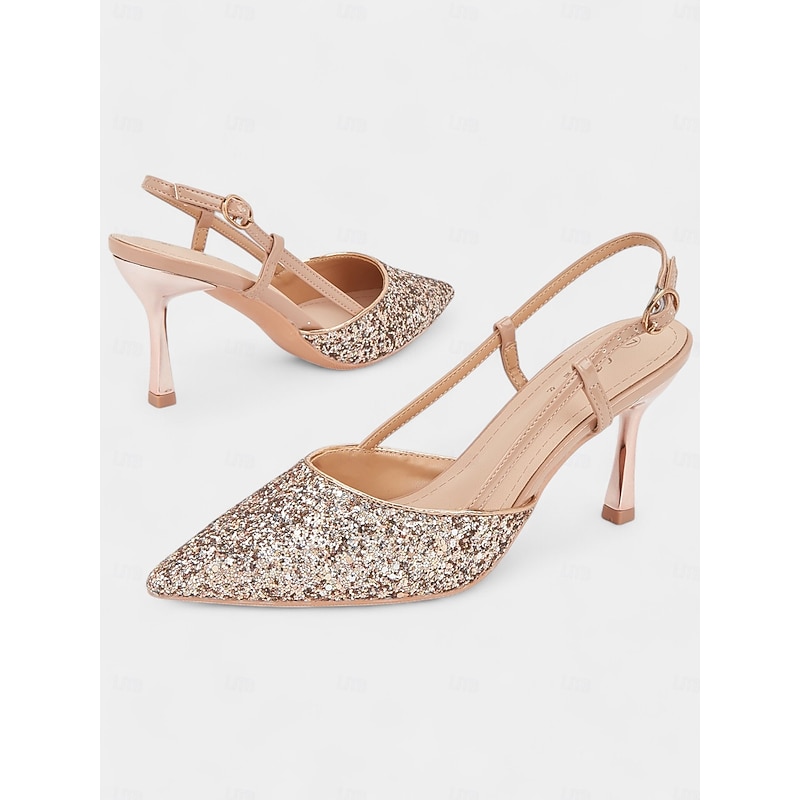 Sparkly Rose Gold Slingback Heels with Adjustable Ankle Strap and Kitten Heels for Women - Ideal for Weddings and Special Occasions2