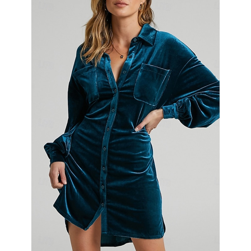 Women's Mini Dress Velvet Dress Cocktail Dress Plain Dress Casual Sports & Outdoor Street Evening Party Regular Fit Plain Long Sleeve Shirt Collar Blue Fall Winter