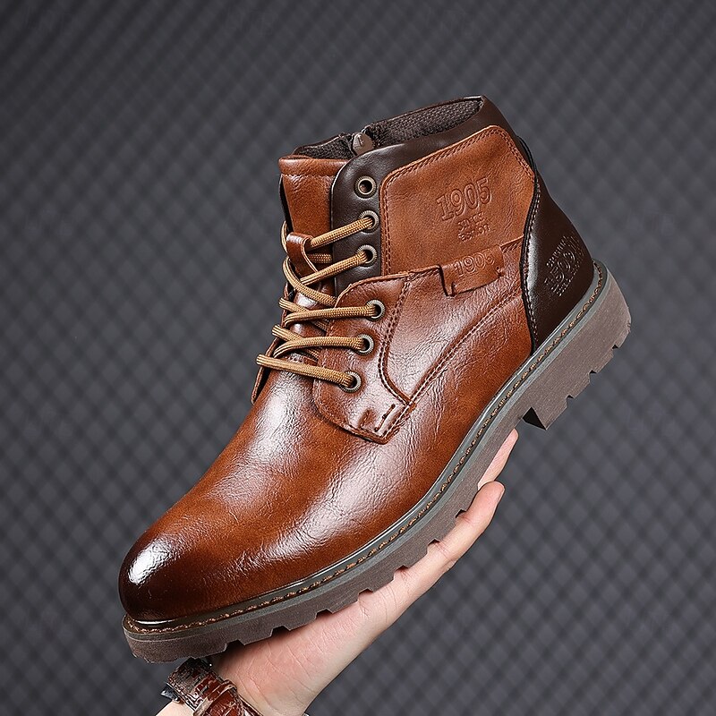 Men's Vintage Brown Faux Leather Ankle Boots – Classic Lace-Up Design with Rugged Sole for Work & Casual Wear3