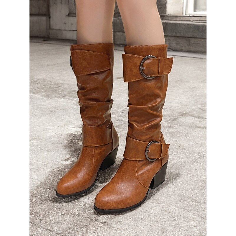Women's Brown Mid-Calf Slouchy Boots with Decorative Buckle and Low Block Heel – Casual Western Style, Perfect for Fall and Winter Fashion3