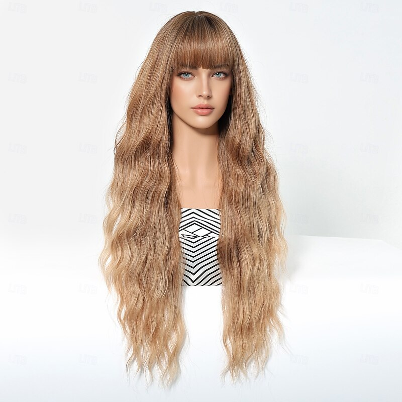 Synthetic Wig Uniforms Career Costumes Princess Curly Wavy Layered Haircut Braid With Bangs Machine Made Wig 28 inch Dark Brown Synthetic Hair Women's Cosplay Party Fashion Dark Brown2