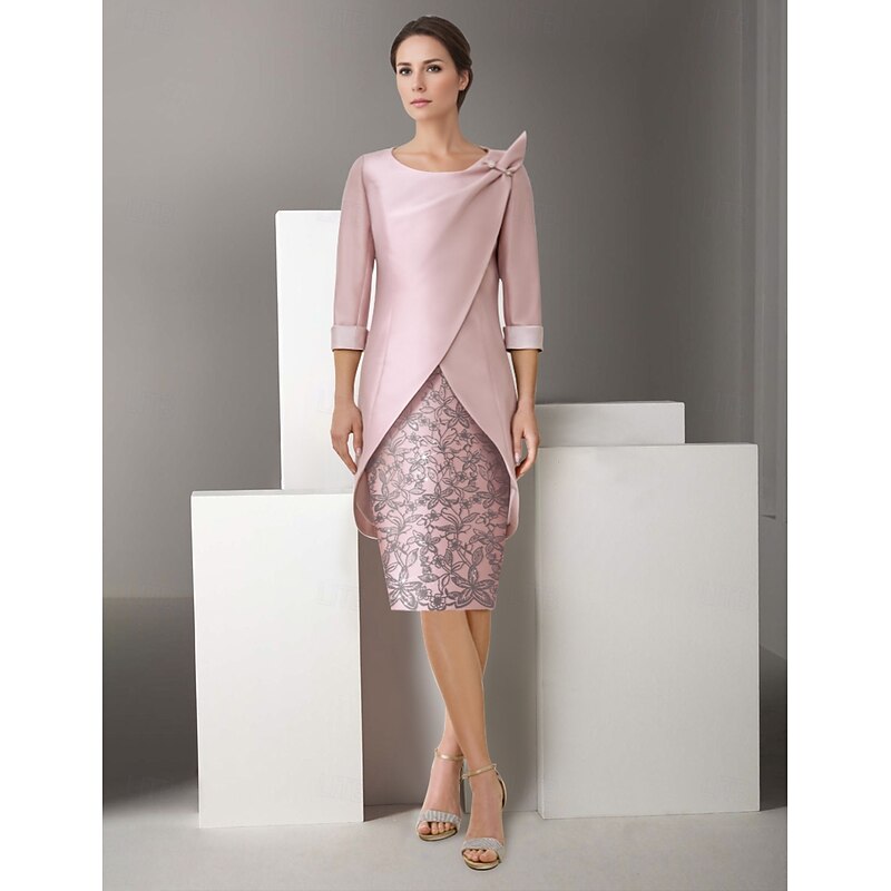 Embroidered Two Piece Sheath Jacket Dress Suit Mother of the Bride Dress Satin Lace Elegant Vintage Sparkle & Shine V Neck Knee Length Glitter with Appliques Race Day Dress