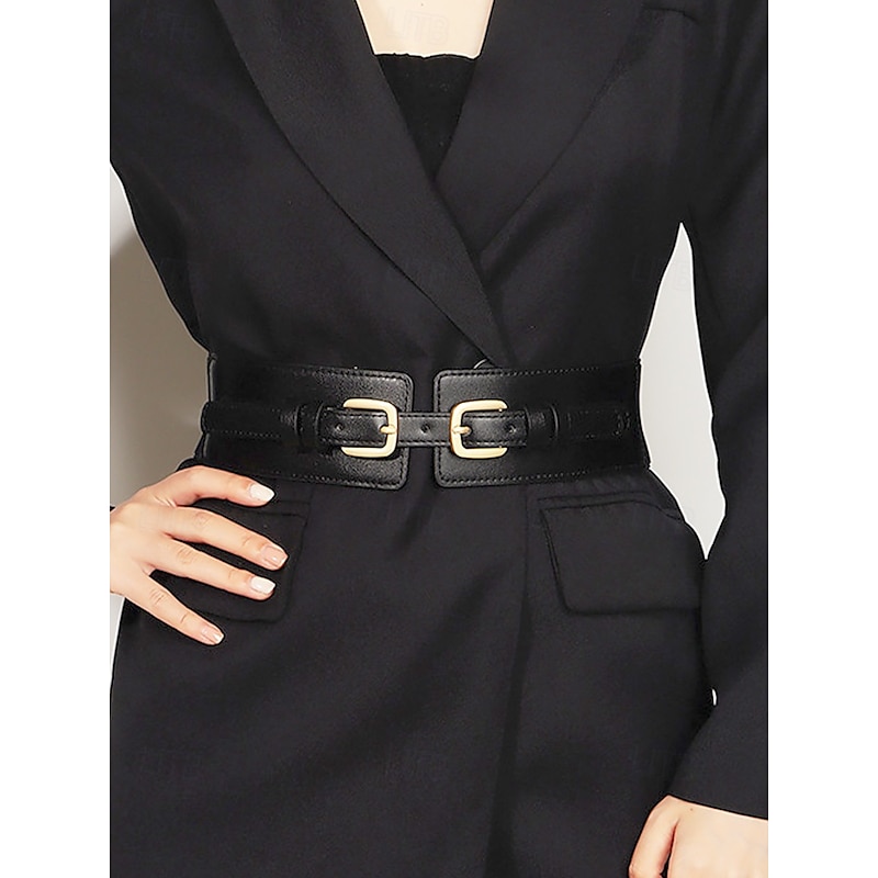 Women's Wide Brown Faux Leather Belt with Dual Buckles – Stylish Adjustable Waist Cincher for Dresses and Coats2