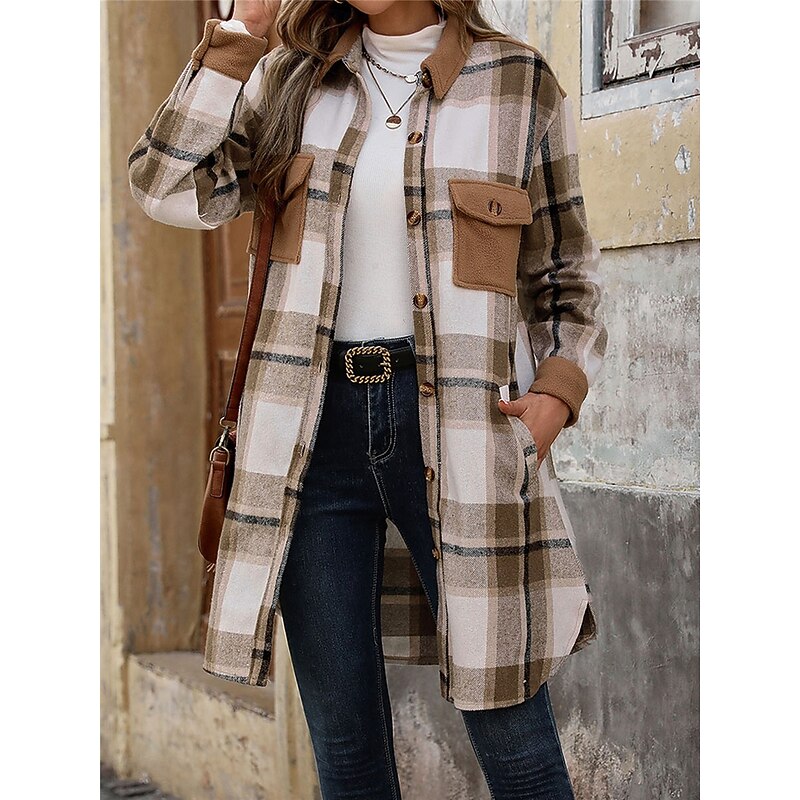 Women's Winter Coat Outdoor Street Daily Wear Fall Winter Long Coat Regular Fit Thermal Warm Breathable Stylish Casual Jacket Long Sleeve Stripes and Plaid with Pockets Print Wine Coffee Gray3