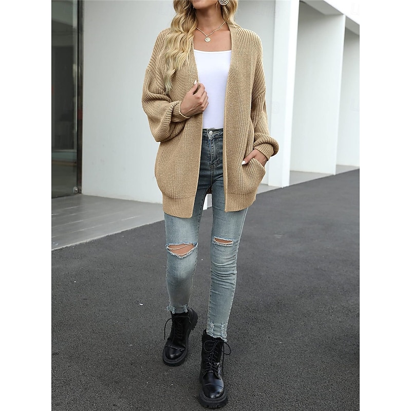 Women's Sweater Cardigan Casual Soft Pure Color Ribbed Open Front Knitted Long Sleeve Regular Tops Knit Outdoor Daily Weekend Khaki Coffee Fall Winter3