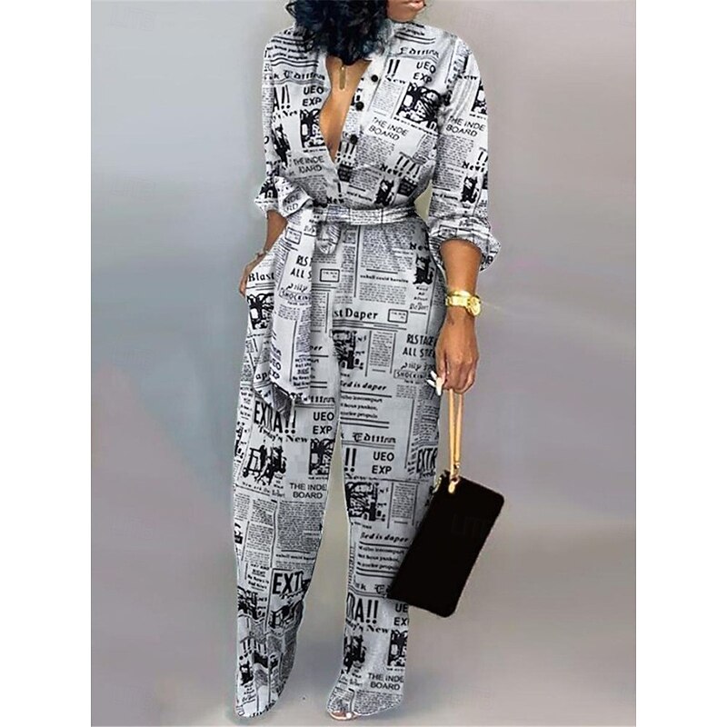 Women's Normal Jumpsuit Active Leopard Long Sleeve Shirt Collar High Waist Vacation Daily Regular Fit White Brown Gray Summer2
