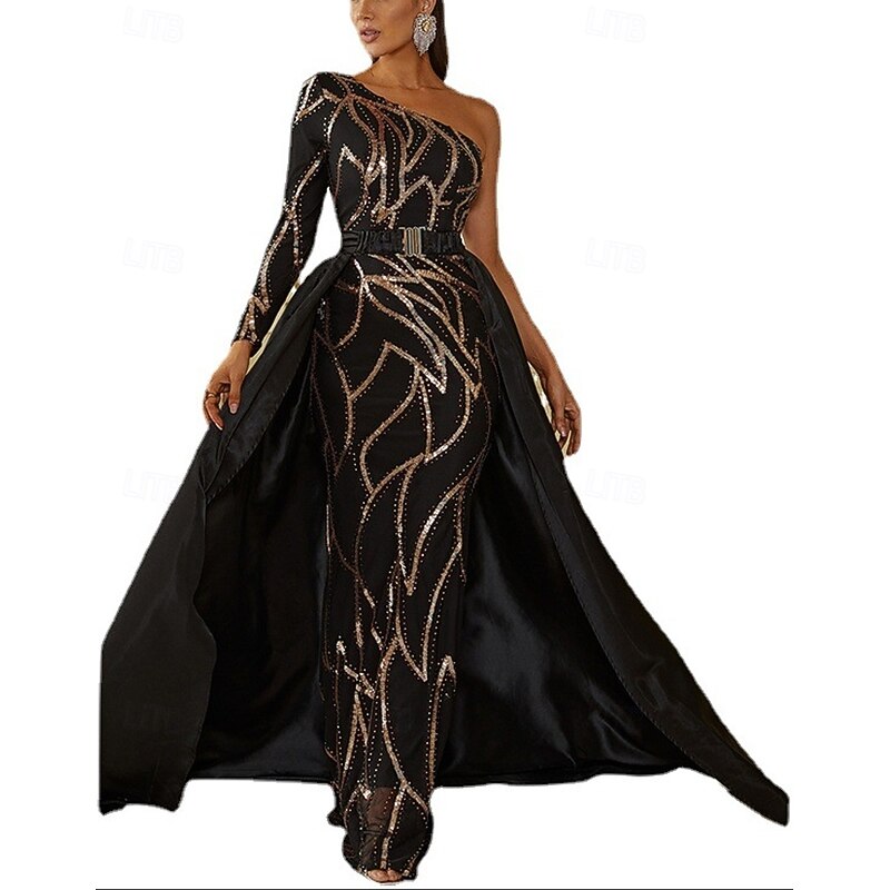 A-Line Evening Gown Elegant Dress Formal Chapel Train Long Sleeve One Shoulder Nylon with Glitter3