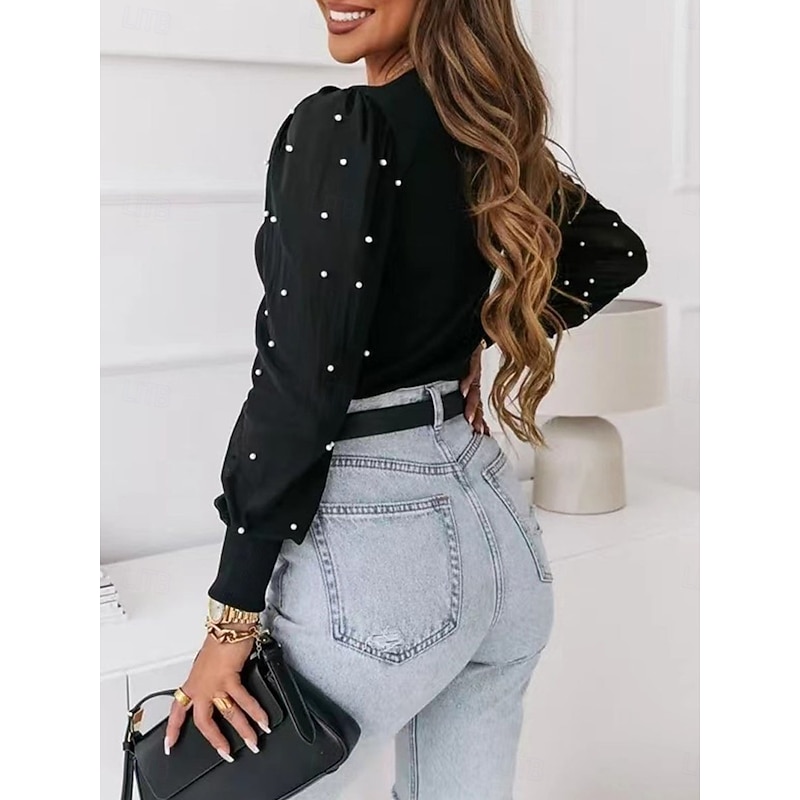 Women's Shirt Blouse Polka Dot Casual Long Sleeve Crew Neck Regular Tops Daily Mesh Patchwork Black Fall Winter2